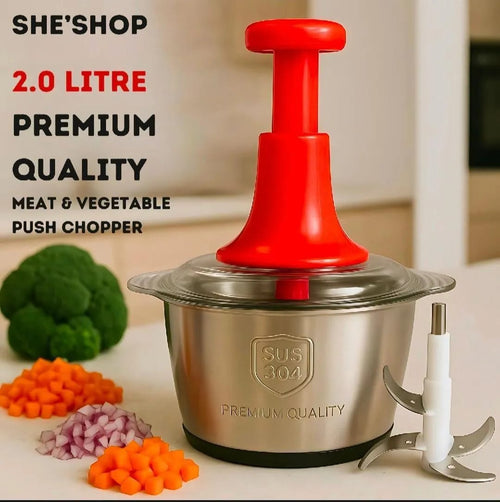 2.0 Litre Manual Meat & Veg Push Chopper with Stainless Steel Bowl