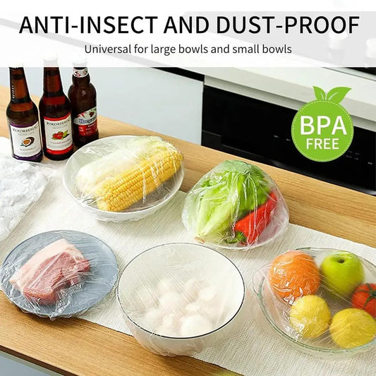 Set of 100 Plastic Stretchable Bowl Covers, Disposable Fresh Keeping Food